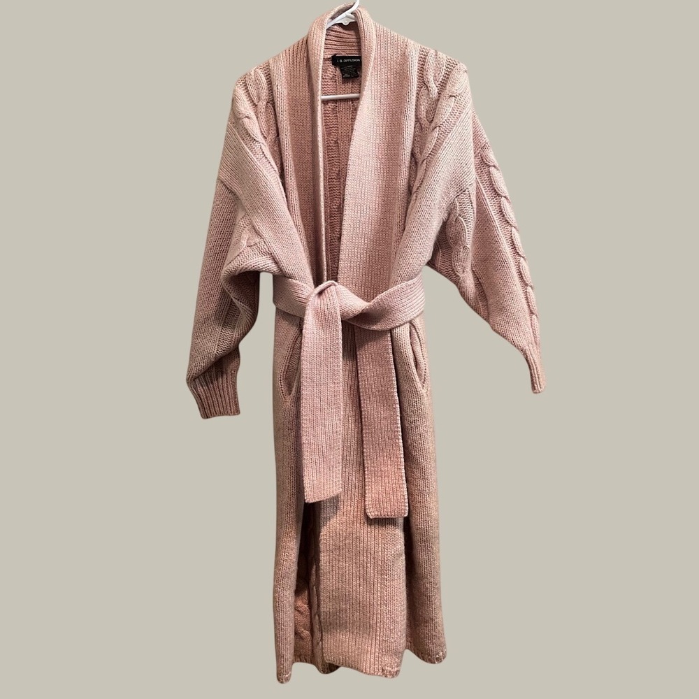 I.B. Diffusion Mohair Cable Knit Cardigan Womens Large Pink Longline Belted